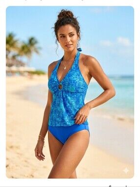 NWT Beach Ray's Halter Tankini Top Blue Womens Size Medium Empire Waist Keyhole